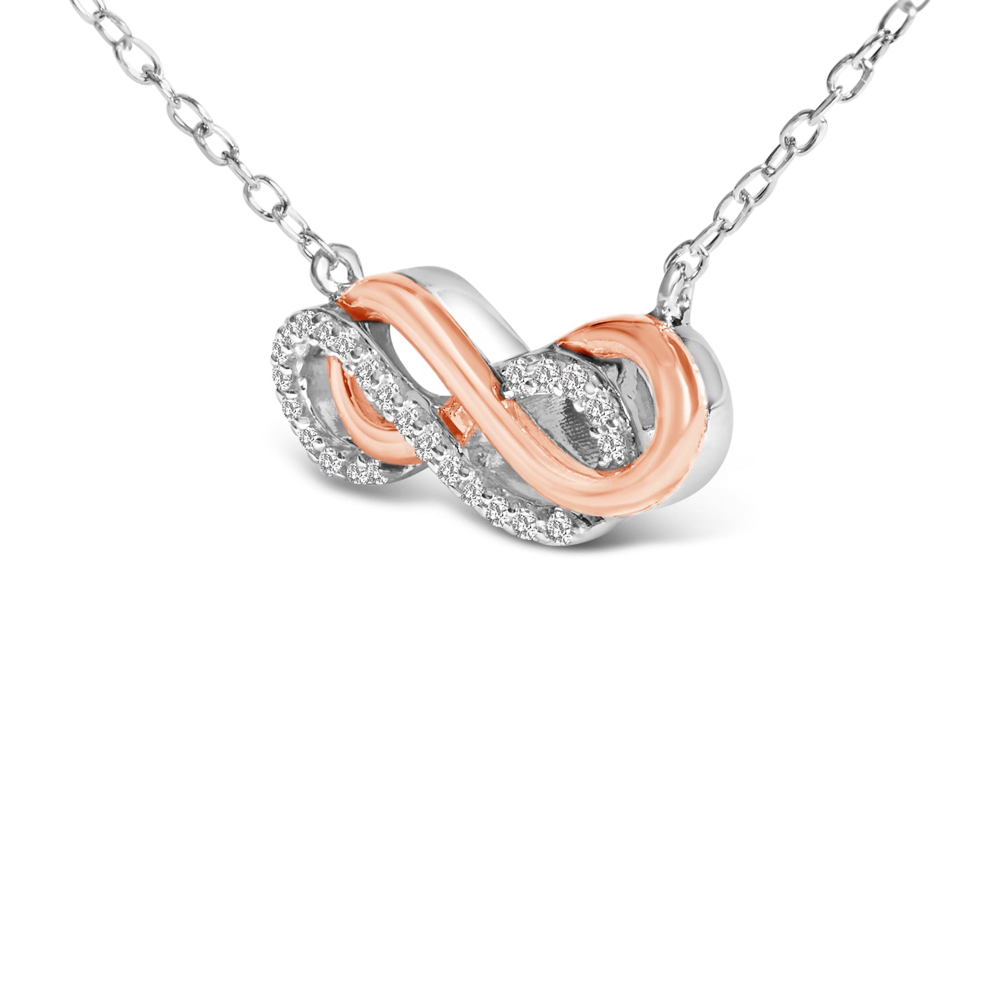 Collar con colgante doble infinito con acento de diamante, plata de ley chapada en oro rosa de 14 quilates