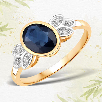 Anillo de oro amarillo de 14K con zafiro azul genuino de 1.56 quilates y diamantes blancos