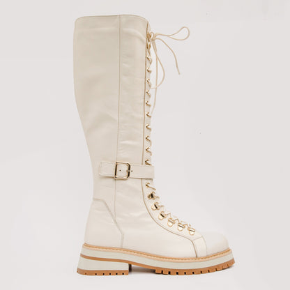 The Istinye Cream Leather Knee High Lace-Up Women Boot Limited Edition