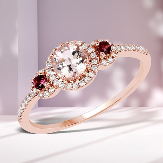 Anillo de oro rosa de 14 quilates con morganita auténtica de 0,63 quilates, turmalina rosa y diamantes blancos