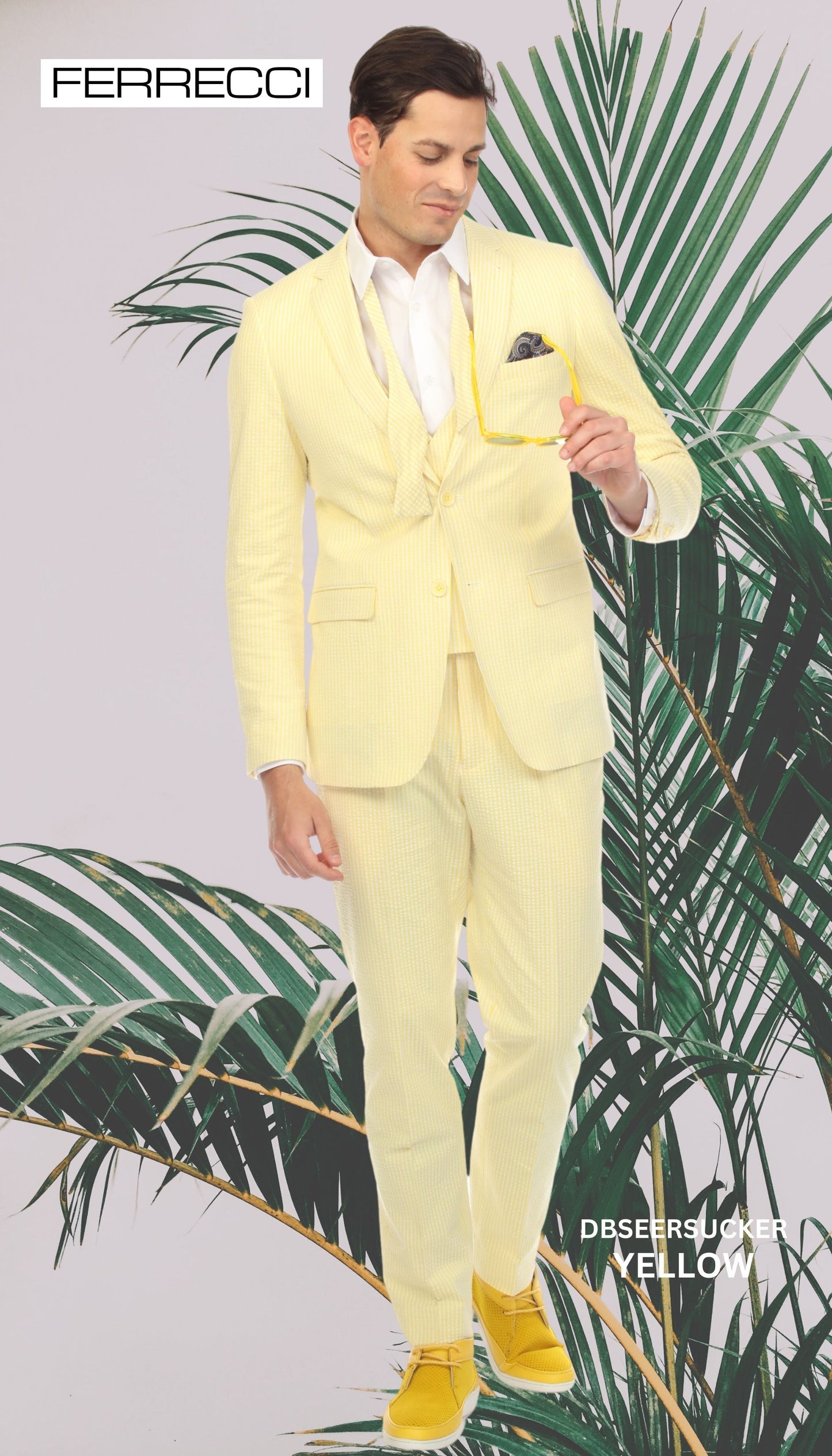 Men's Slim Fit Two Button Yellow Seersucker Suit