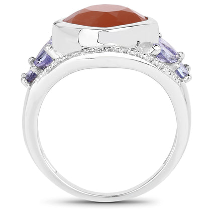 4.67 Carat Genuine Peach Moonstone and Tanzanite .925 Sterling Silver Ring