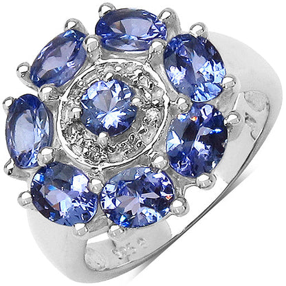 Anillo de Plata de Ley .925 con Tanzanita Genuina de 2.58 Quilates y Topacio Blanco