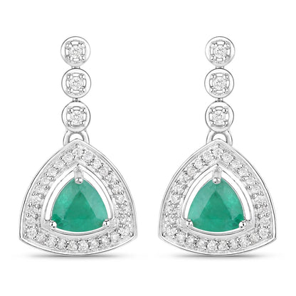 Pendientes de oro blanco de 14 quilates con esmeralda zambiana auténtica de 1.39 quilates y diamantes blancos