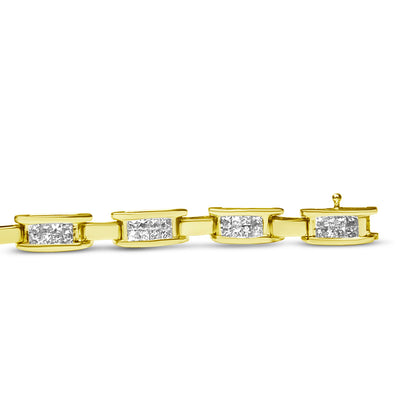 Pulsera de eslabones rectangulares de oro amarillo de 10K con diamantes de talla princesa de 2.0 Cttw con engaste invisible (color I-J, claridad SI2-I1) - 7"