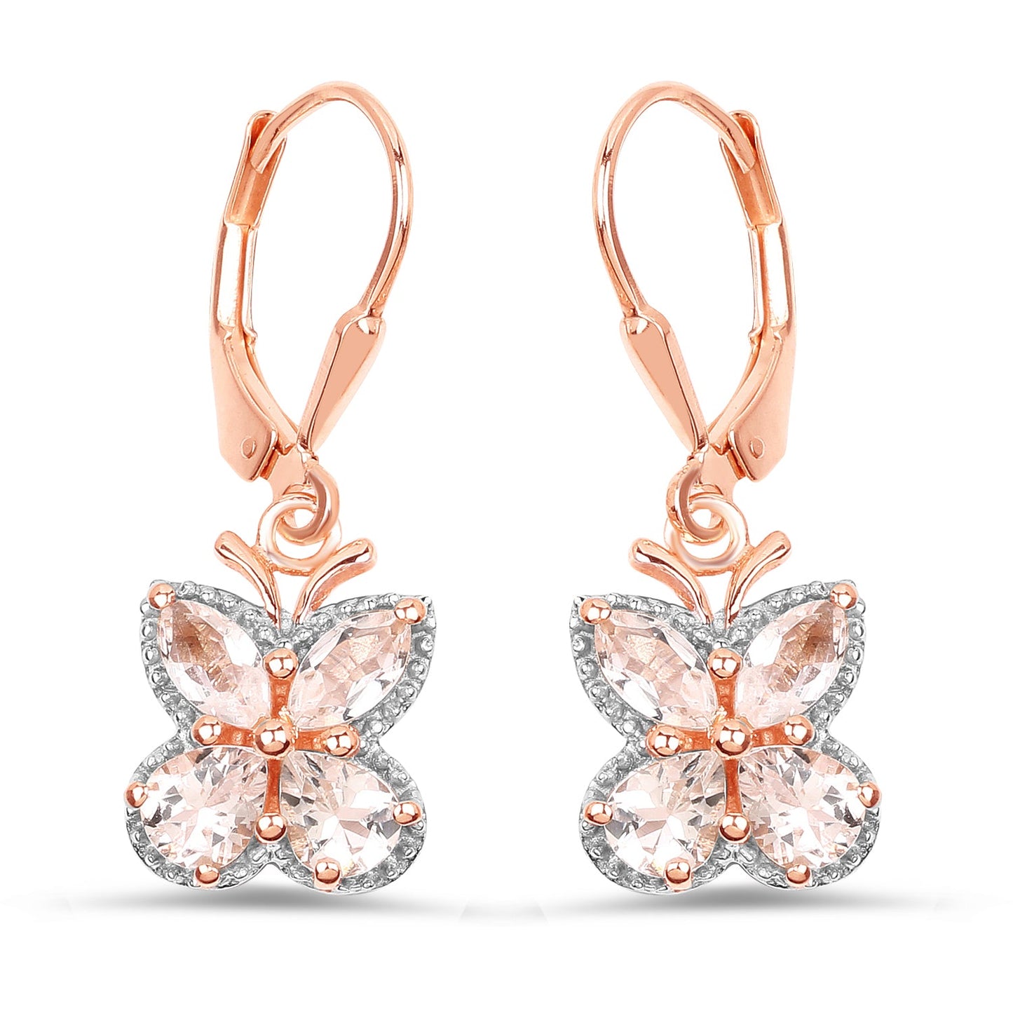 Aretes de plata esterlina .925 con morganita auténtica de 1.88 quilates bañados en oro rosa de 18K