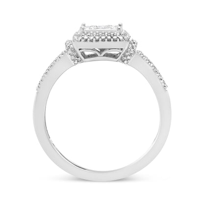 Anillo de plata de ley .925 con diamante de talla princesa de 1/4 Cttw y halo de cuentas (color H-I, claridad SI1-SI2) - Talla 7
