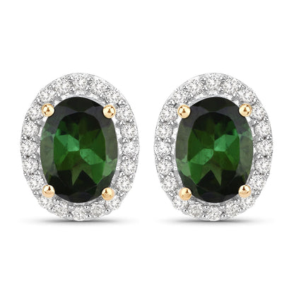 Aretes de oro amarillo de 14 quilates con turmalina verde auténtica de 1,92 quilates y diamantes blancos