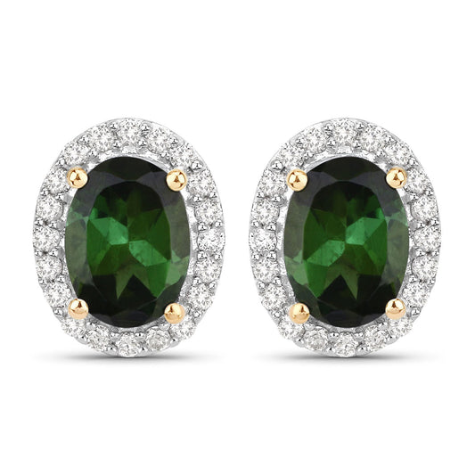Aretes de oro amarillo de 14 quilates con turmalina verde auténtica de 1,92 quilates y diamantes blancos