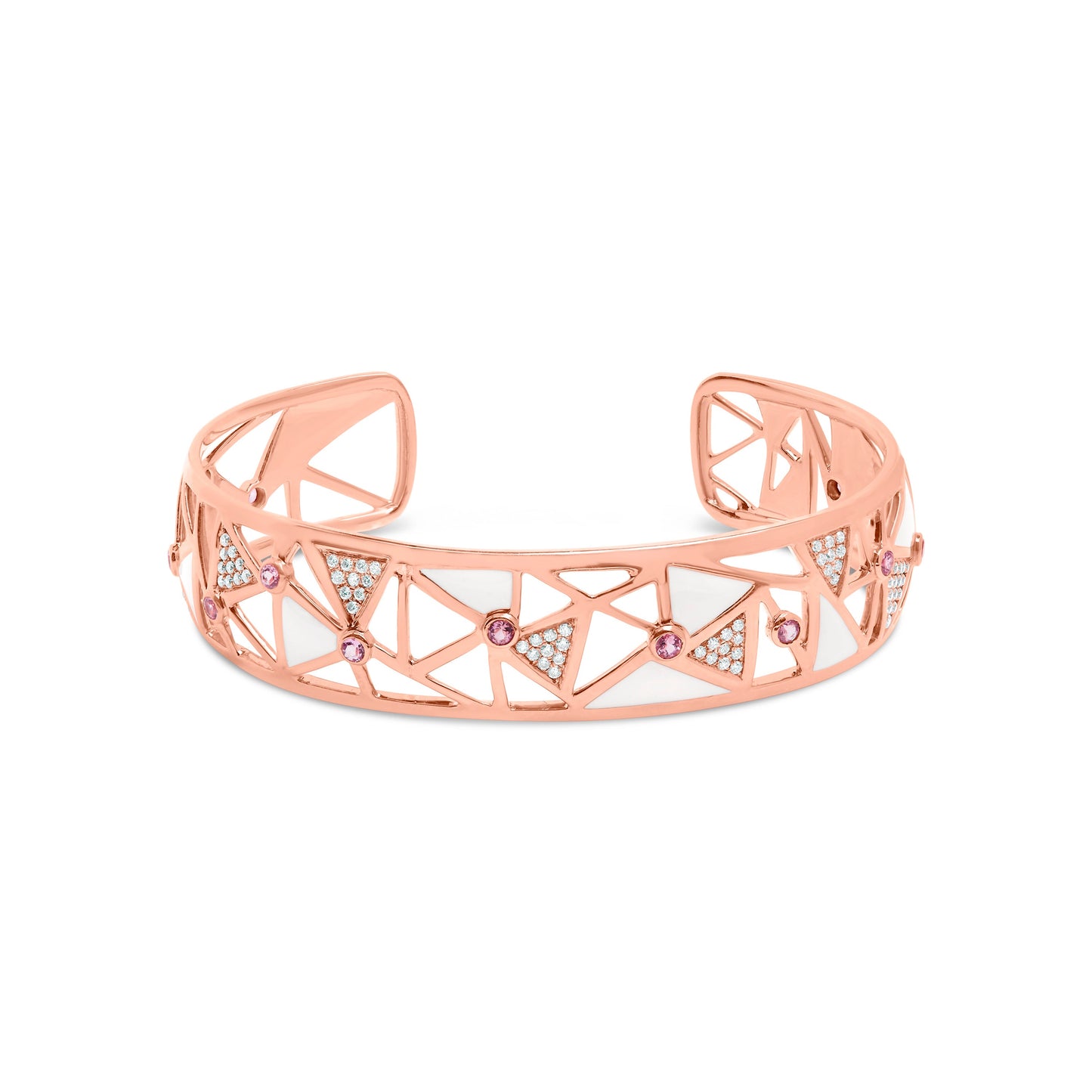 Brazalete abierto de oro rosa de 14 quilates y 5/8 quilates con diamante y turmalina rosa con esmalte blanco (color G-H, claridad SI1-SI2) - 7"