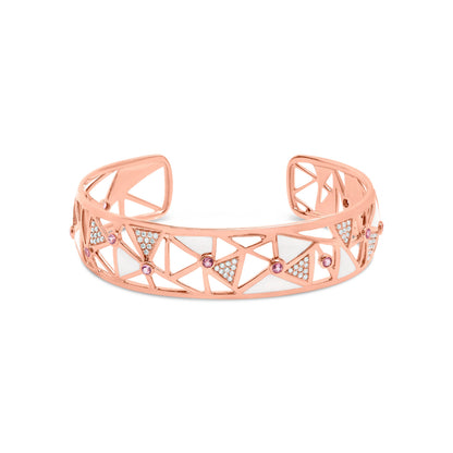Brazalete abierto de oro rosa de 14 quilates y 5/8 quilates con diamante y turmalina rosa con esmalte blanco (color G-H, claridad SI1-SI2) - 7"