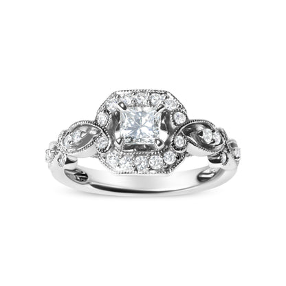 Anillo de compromiso de oro blanco de 14 quilates con diamantes de 3/4 Cttw, estilo halo y vástago tejido (color G-H, claridad VS2-SI1) - Talla 7