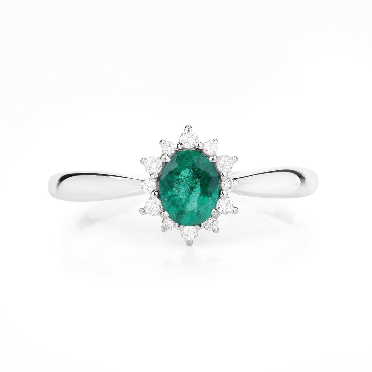 Anillo de oro blanco de 14K con esmeralda zambiana auténtica de 0,40 quilates y diamantes blancos