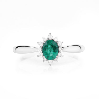 Anillo de oro blanco de 14K con esmeralda zambiana auténtica de 0,40 quilates y diamantes blancos