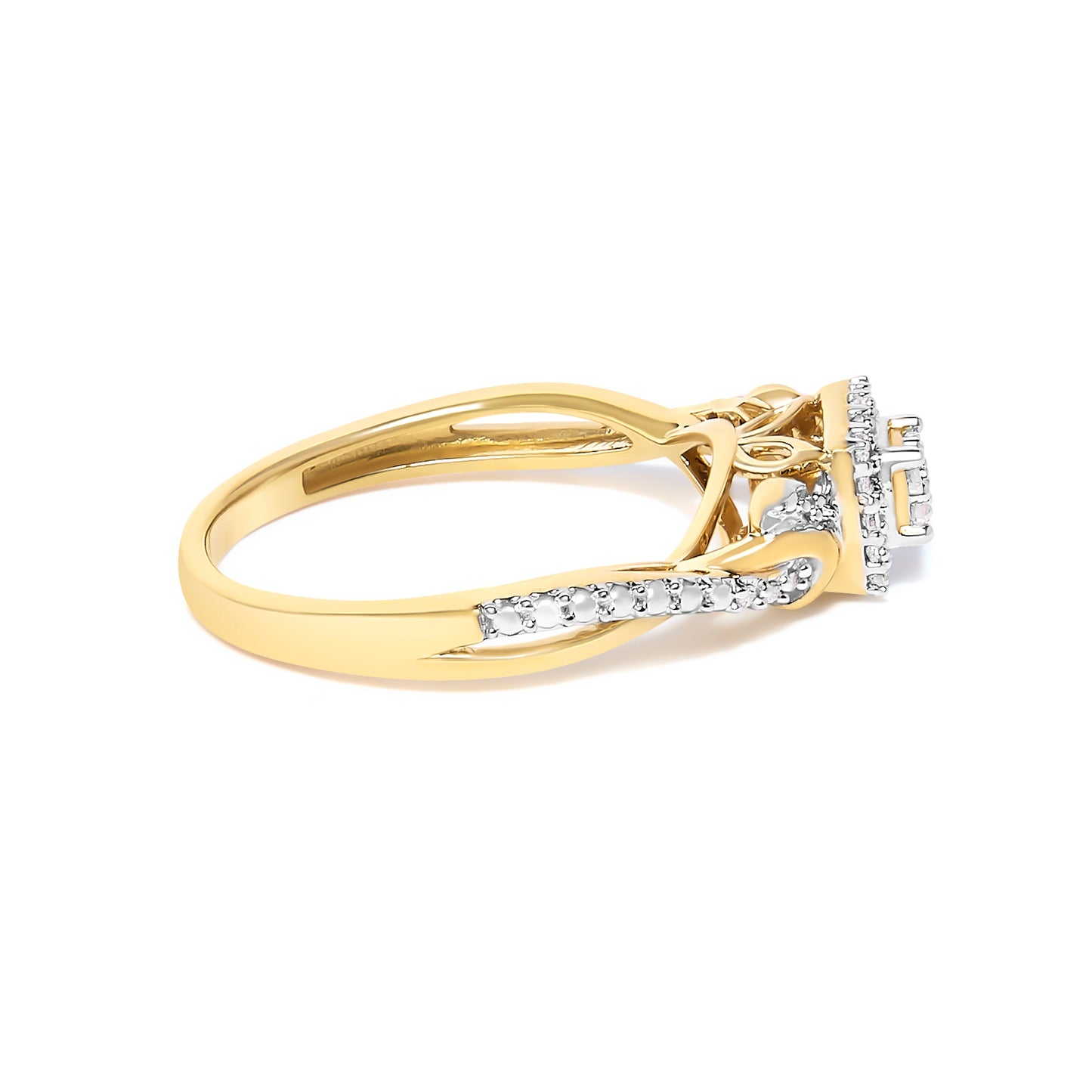 Anillo de compromiso con halo de diamante compuesto de 0,10 qt en oro amarillo de 10 qt con vástago retorcido (color I-J, claridad I3) - Talla 7