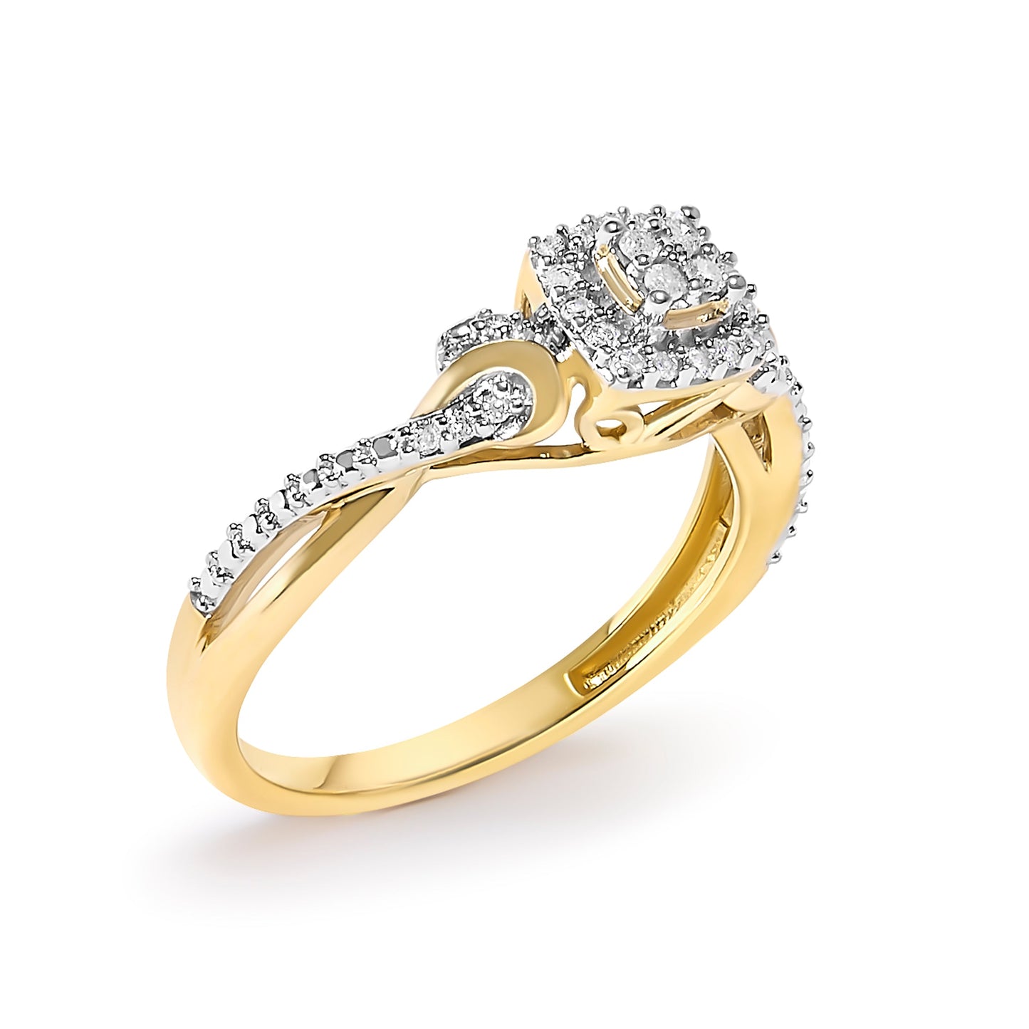 Anillo de compromiso con halo de diamante compuesto de 0,10 qt en oro amarillo de 10 qt con vástago retorcido (color I-J, claridad I3) - Talla 7