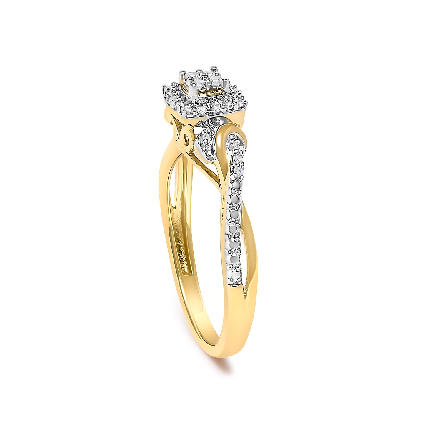 Anillo de compromiso con halo de diamante compuesto de 0,10 qt en oro amarillo de 10 qt con vástago retorcido (color I-J, claridad I3) - Talla 7