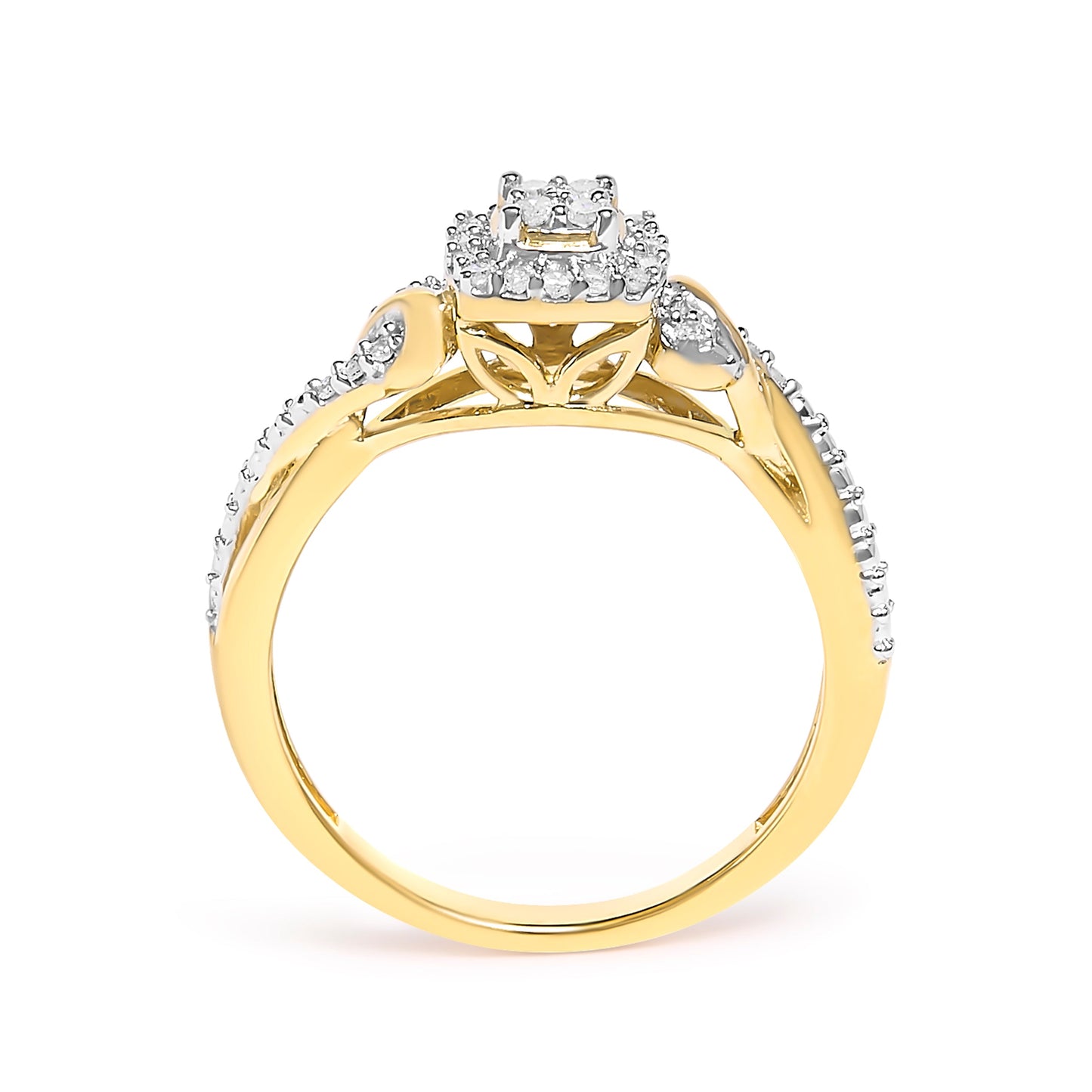 Anillo de compromiso con halo de diamante compuesto de 0,10 qt en oro amarillo de 10 qt con vástago retorcido (color I-J, claridad I3) - Talla 7