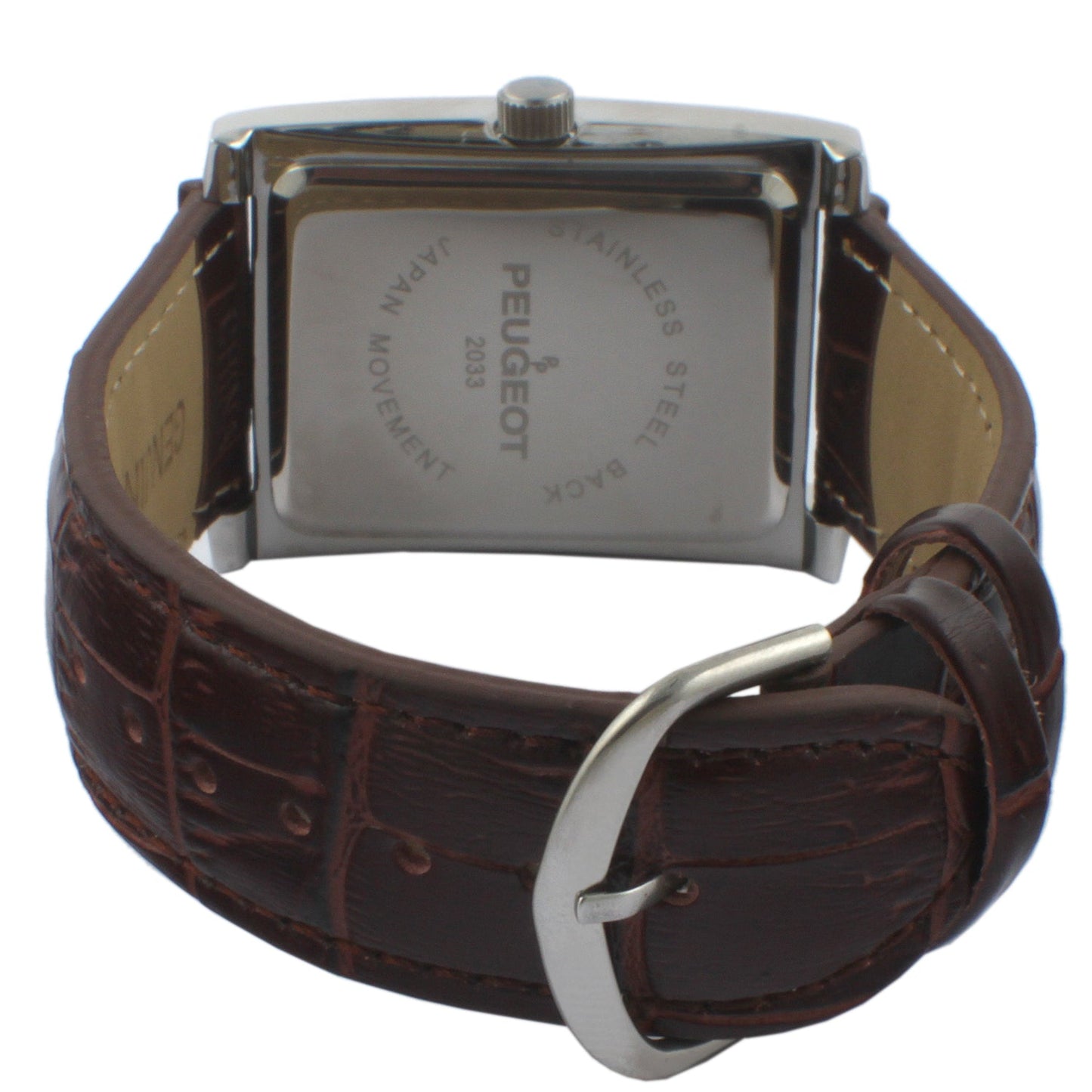 Men's 30X40mm Silver Tank Shape Watch with Blue Dial and Brown Leather Strap