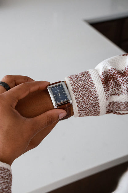 Men's 30X40mm Silver Tank Shape Watch with Blue Dial and Brown Leather Strap