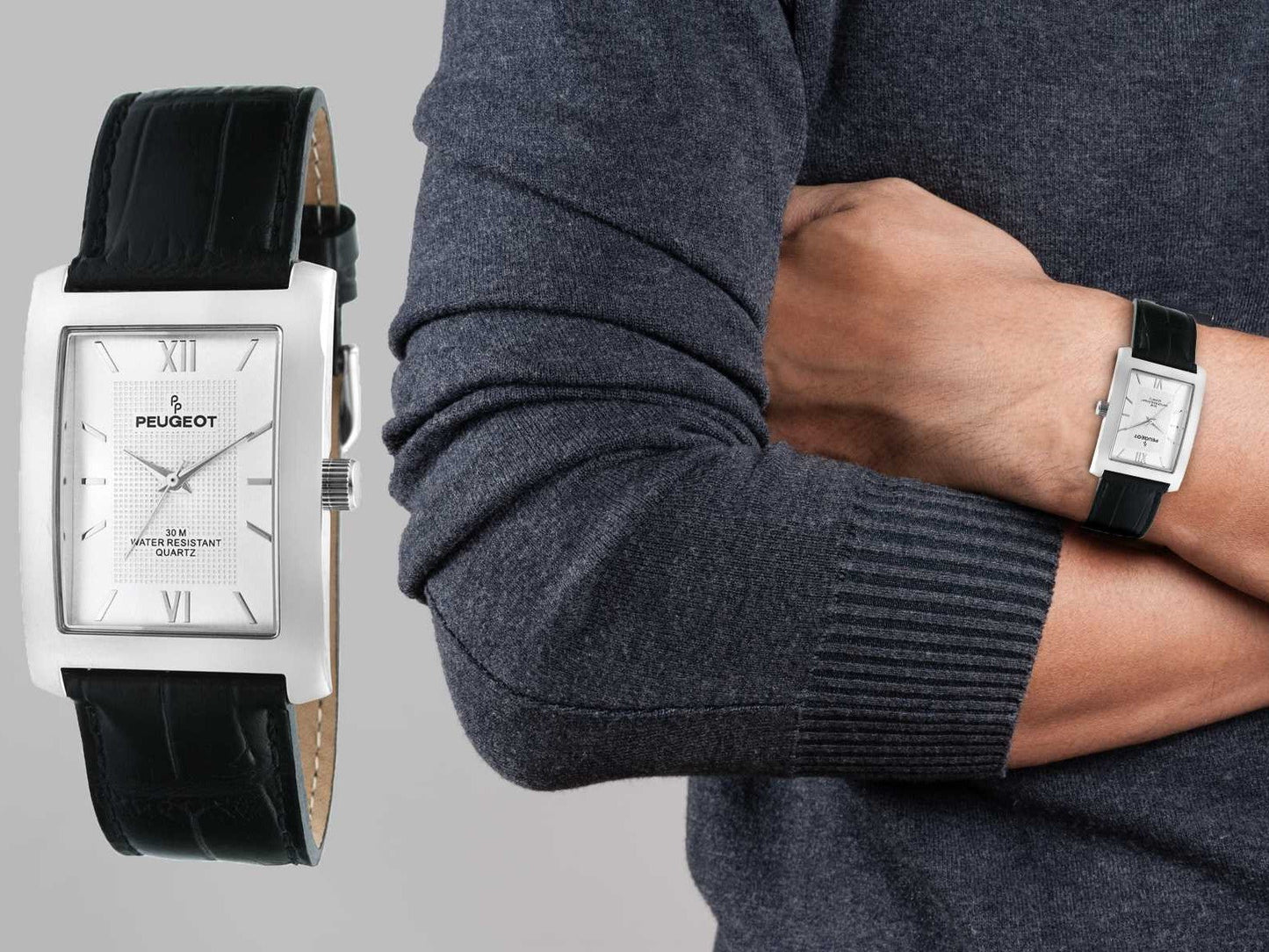 Men's 30X40mm Silver Tank Shape Watch with Black Strap