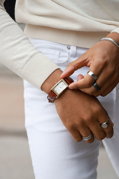 Men's 38x24mm Gold Contour Case Remote Sweep Leather watch