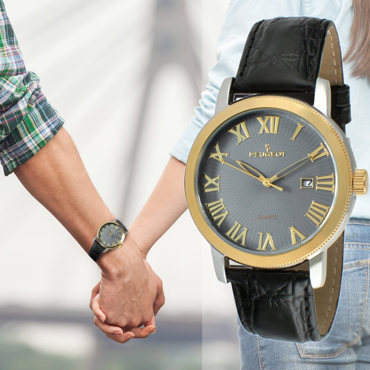 Mens 40mm Dress Watch with Roman Numerals and Black Strap