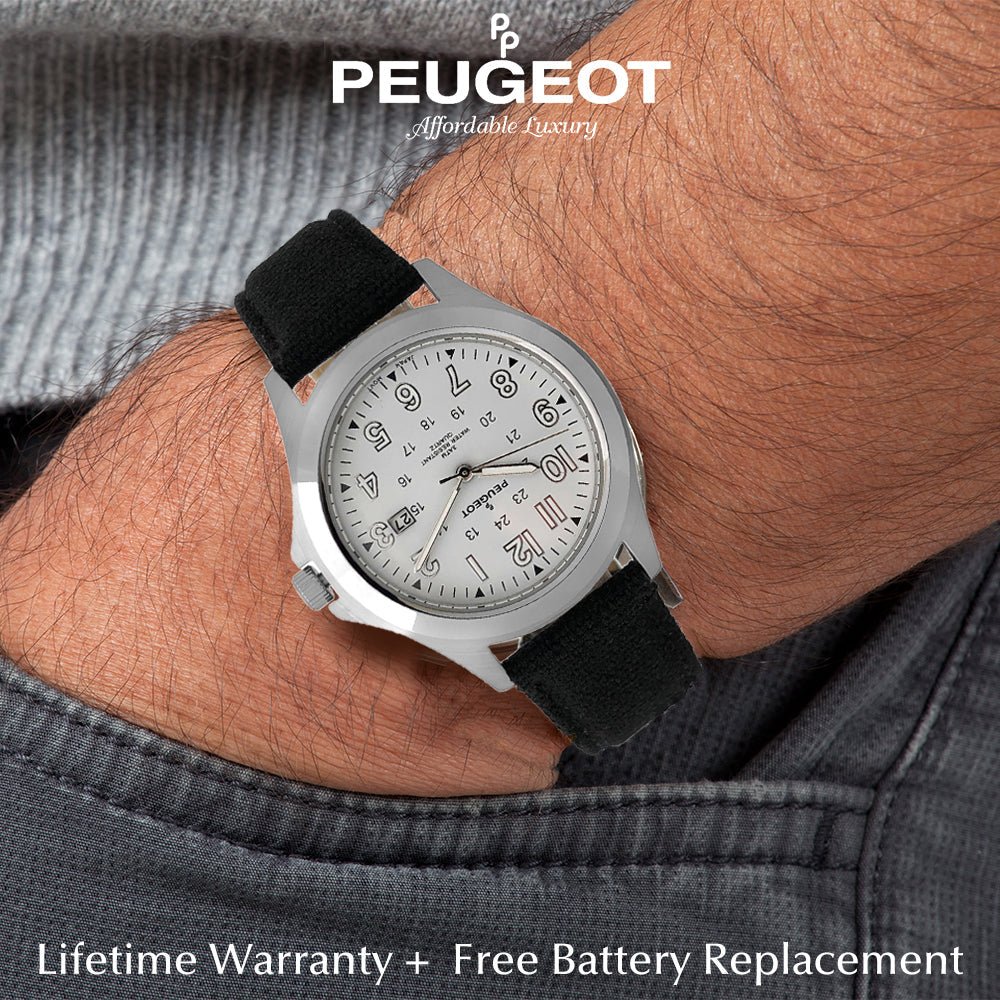 Men 40mm Military White Dial Calendar Watch with Canvas Strap