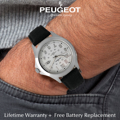 Men 40mm Military White Dial Calendar Watch with Canvas Strap