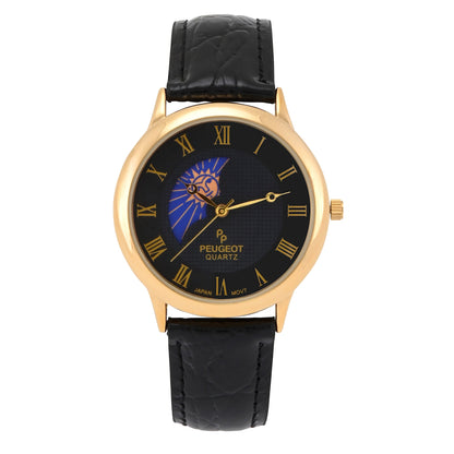 Men's 38mm Black Dial Gold Case Sun-Moon Leather Strap watch