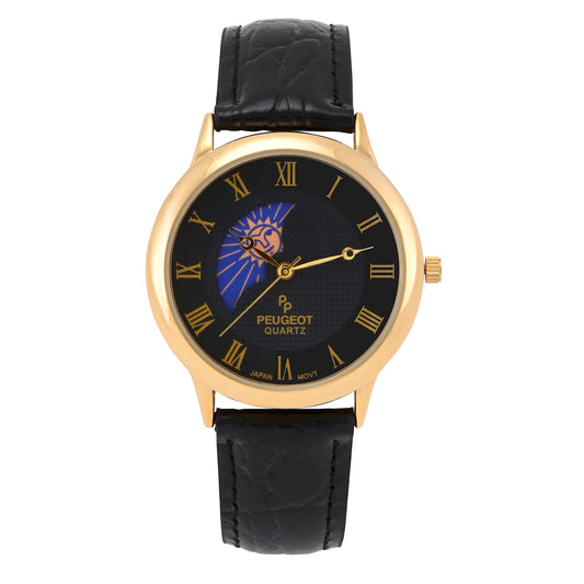 Men's 38mm Black Dial Gold Case Sun-Moon Leather Strap watch