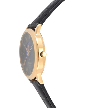 Men's 38mm Black Dial Gold Case Sun-Moon Leather Strap watch
