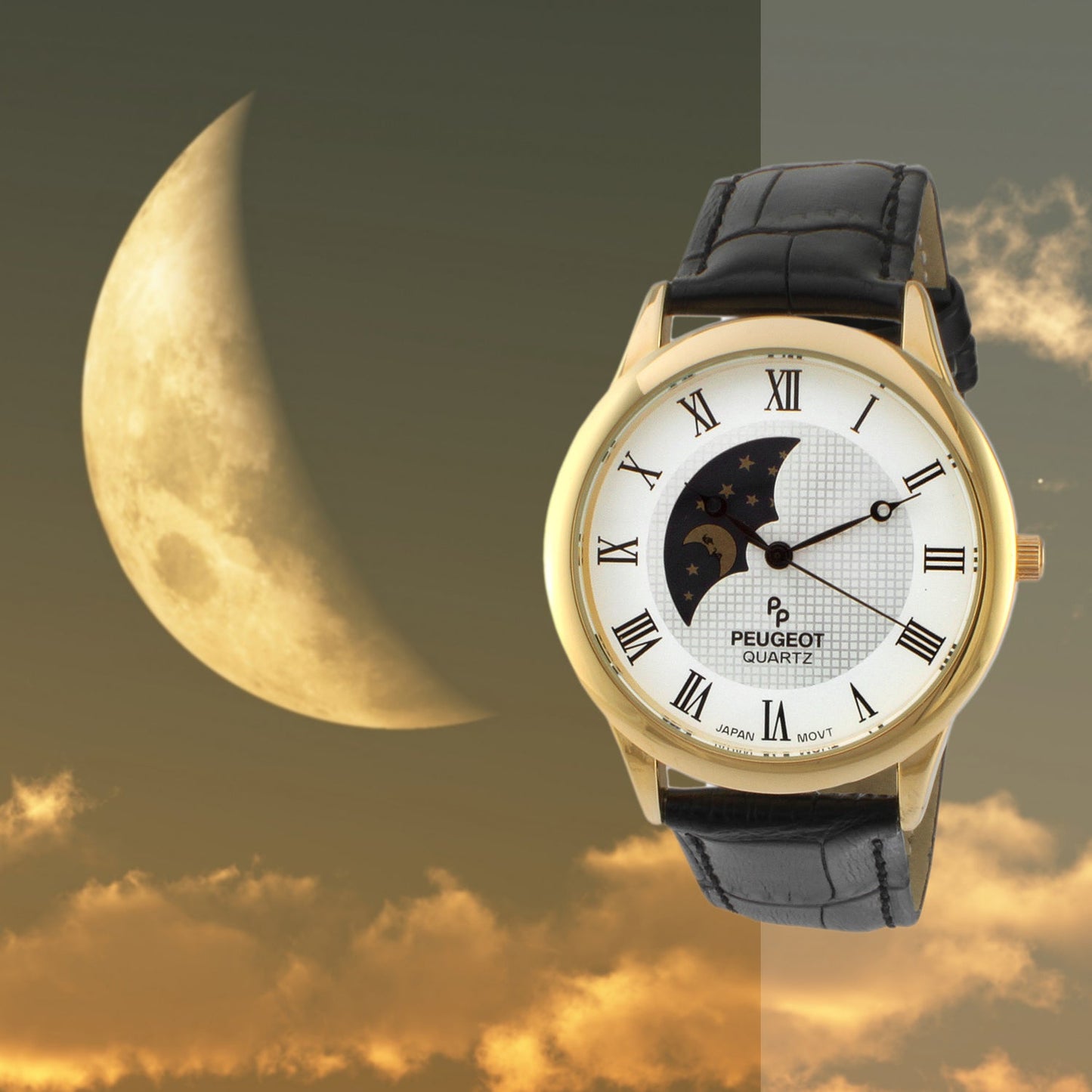 Men's 38mm White Dial Sun-Moon Leather Strap watch