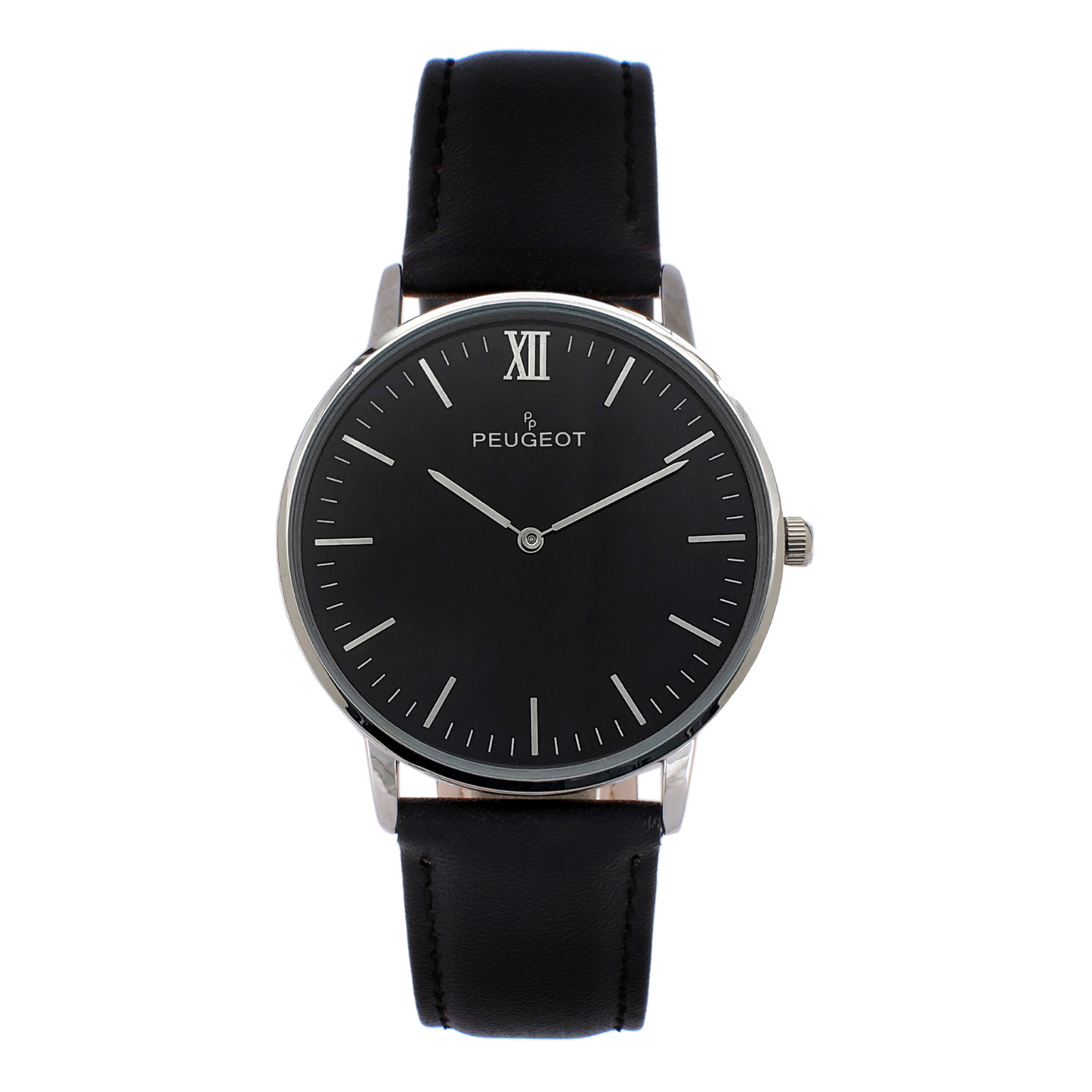 Men's 40mm Black Dial Silver Super Slim Case Leather Strap Watch