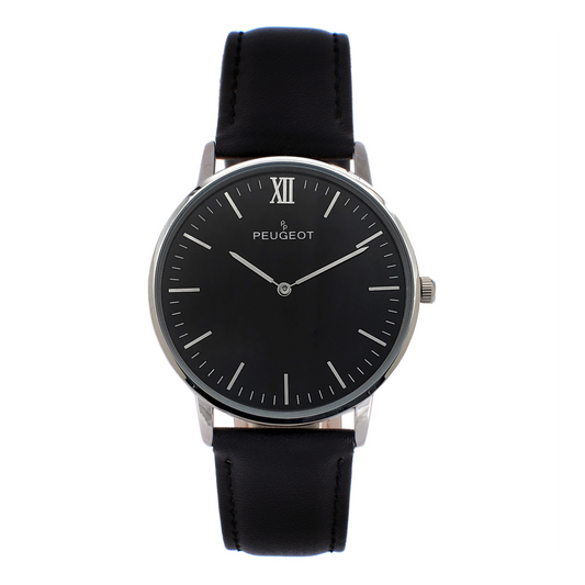 Men's 40mm Black Dial Silver Super Slim Case Leather Strap Watch