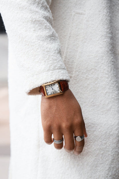 Men's 43 x 30 mm Brown Vintage Tank Leather Strap Watch