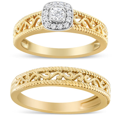 Juego de anillos de compromiso de oro amarillo de 14 quilates con baño de plata esterlina .925, halo de diamante de 1/5 quilates y acabado milgrain (color I-J, claridad I3) - Talla 7