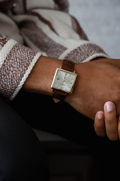 Men's 35mm 14K Gold Plated Square Watch with Brown leather Strap