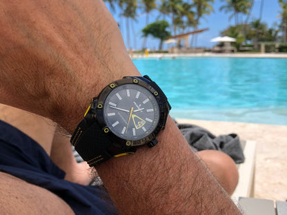 Men's 44mm Black Sport Calendar Stitched Rubber Band Watch