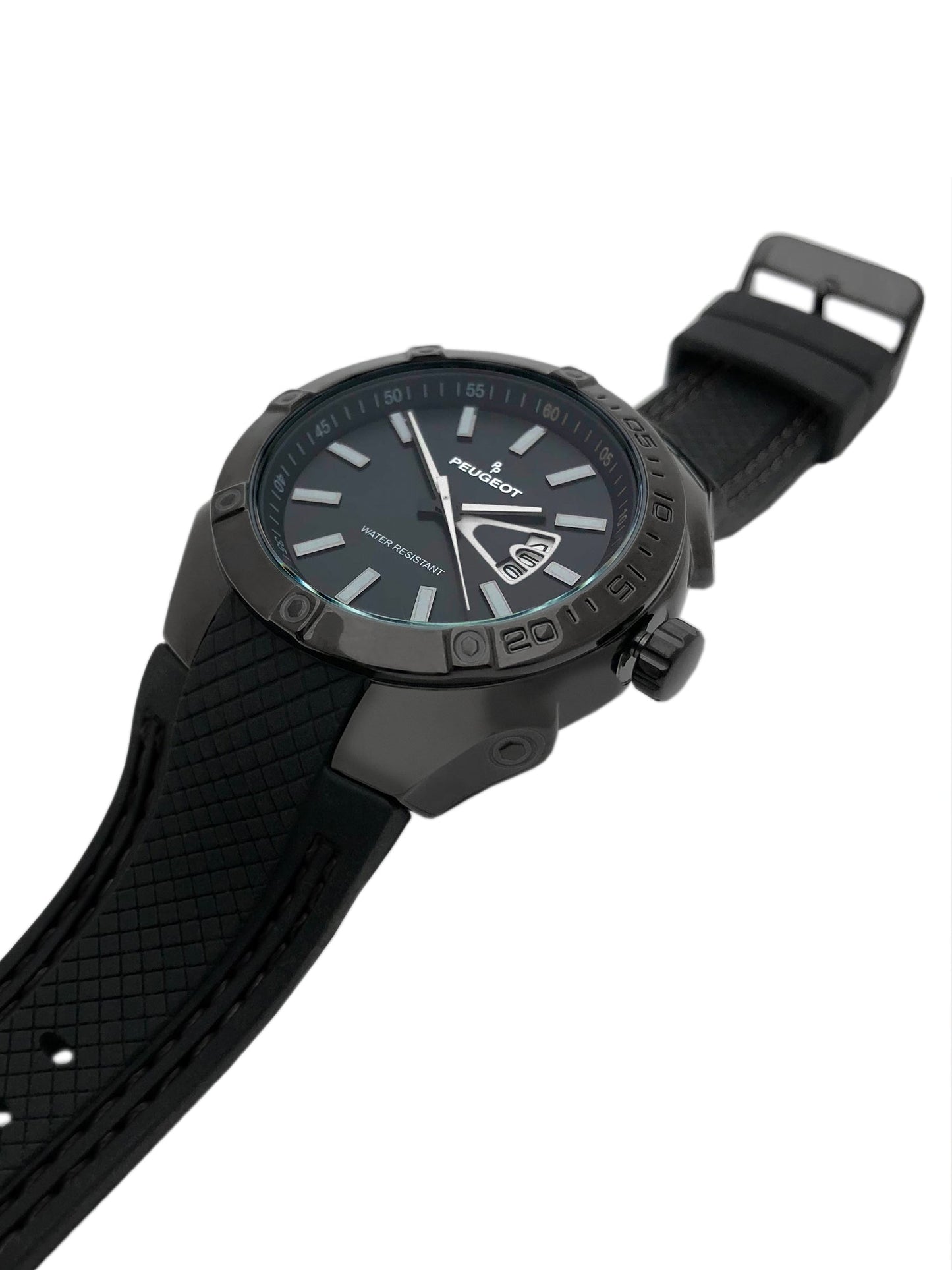 Men's 44mm Black Sport Calendar Stitched Rubber Band Watch