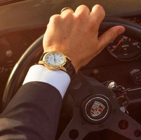 Men’s Vintage 38mm Round Gold Plated Watch with Black Leather Band