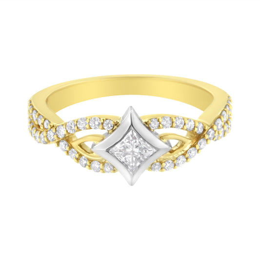 Anillo de oro de 10K bicolor con diamante de 2/3 Cttw, corte de cometa y banda retorcida (color H-I, claridad SI2-I1)