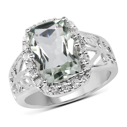 Anillo de plata de ley .925 con amatista verde genuina de 3.94 quilates y topacio blanco
