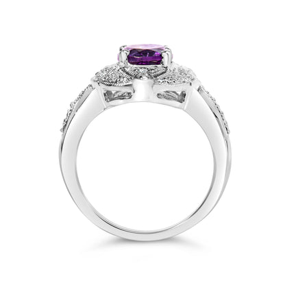 Anillo de cóctel de estilo art déco con amatista morada ovalada de 9x7 mm y detalles de diamantes en plata de ley .925 (color I-J, claridad I1-I2) - Talla 6