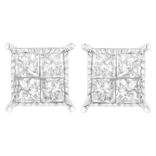 Pendientes de botón de plata de ley con diamantes compuestos de 0,75 quilates en total (I-J, I2-I3)