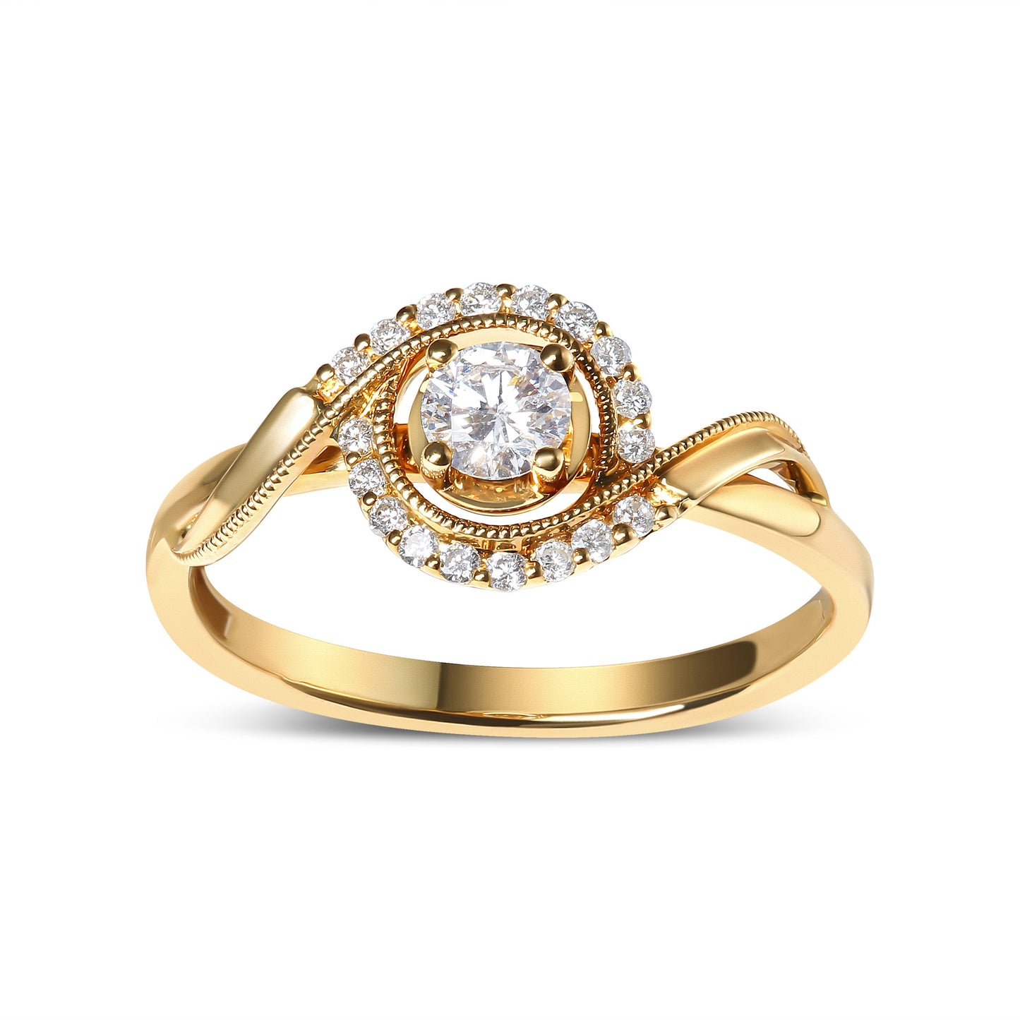 Anillo de compromiso con solitario y halo de remolino de oro amarillo de 14 quilates con diamantes de 1/3 Cttw (color G-H, claridad VS2-SI1) - Talla 7