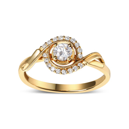 Anillo de compromiso con solitario y halo de remolino de oro amarillo de 14 quilates con diamantes de 1/3 Cttw (color G-H, claridad VS2-SI1) - Talla 7