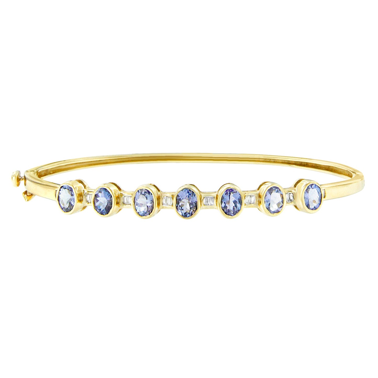 Pulsera esclava de oro amarillo de 14K con tanzanita ovalada de 5MM engastada en bisel alterno y diamantes de 1/5 Cttw (Color H-I, Claridad VS2-SI1) - Se adapta a muñecas de hasta 7.25 pulgadas
