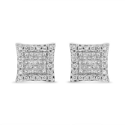 Pendientes de tuerca cuadrados de oro blanco de 14 quilates con diamantes talla princesa y redonda de 1,00 quilates (color G-H, claridad SI1-SI2)