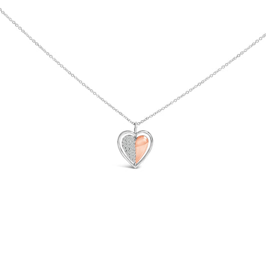 Collar con colgante de corazón de dos tonos de plata de ley chapado en oro rosa de 10 quilates con diamantes de 1/5 quilates